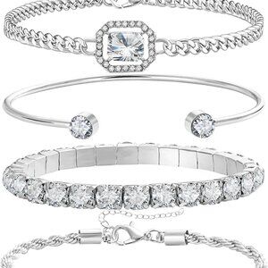 4 Pcs Dainty Gold Silver Bracelets Set for Women 14K Plated Link Cubic Zirconia